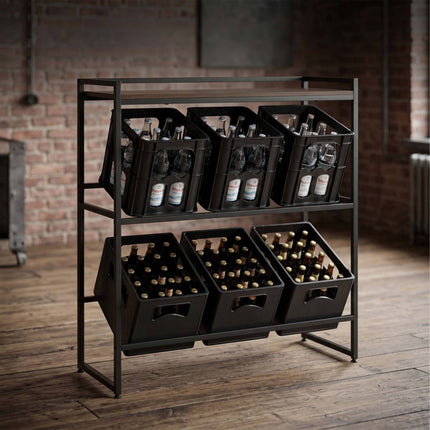 Pramoninis gėrimų dėžių stovas, 2 pakopų, metalas ir MDF, juodas/rudas