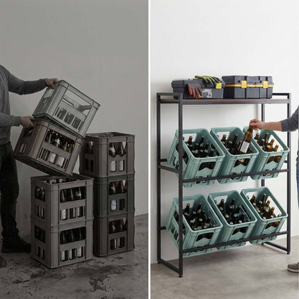 Pramoninis gėrimų dėžių stovas, 2 pakopų, metalas ir MDF, juodas/rudas