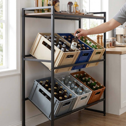 Pramoninis gėrimų dėžių stovas, 2 pakopų, metalas ir MDF, juodas/rudas
