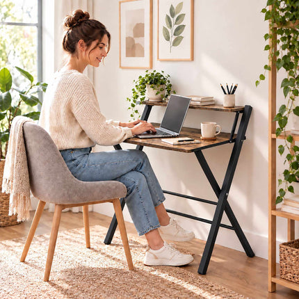 Industrial Folding Desk with Monitor Shelf, 2 Tiers, Brown, Black