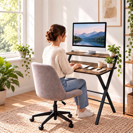Industrial Folding Desk with Monitor Shelf, 2 Tiers, Brown, Black