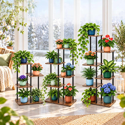 Industrial Plant Stand with 4 Shelves, Metal and MDF, 65 x 48 x 24 cm