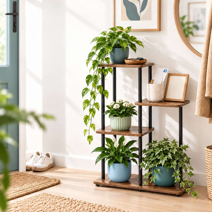 Industrial Plant Stand with 4 Shelves, Metal and MDF, 65 x 48 x 24 cm