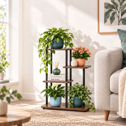 Industrial Plant Stand with 4 Shelves, Metal and MDF, 65 x 48 x 24 cm