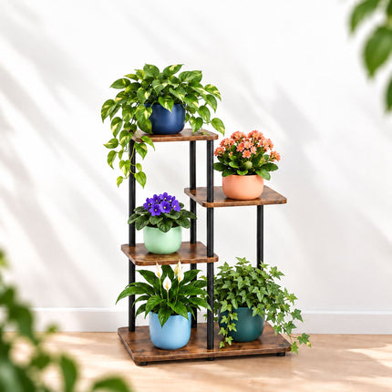 Industrial Plant Stand with 4 Shelves, Metal and MDF, 65 x 48 x 24 cm