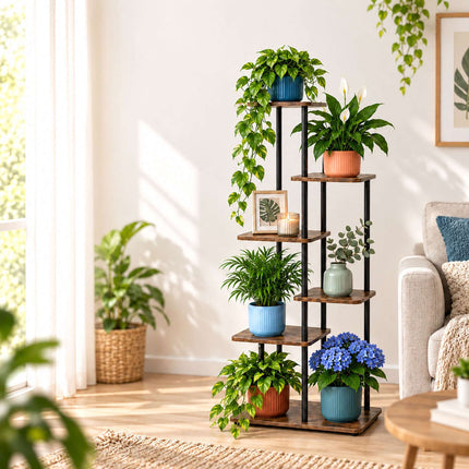 Industrial Plant Stand with 6 Shelves, Metal and MDF, 107 x 48 x 24 cm