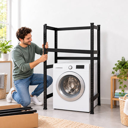Industrial Washing Machine Rack, Heavy-Duty Steel – Black, 200 kg per Shelf