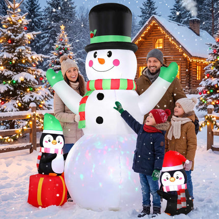 Inflatable Christmas Snowman 243 cm with Penguins, LED Lights, Music