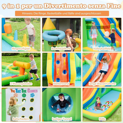Pripučiama vandens čiuožykla su vaikišku baseinėliu, laipiojimo siena ir vandens patrankomis be pūstuvo