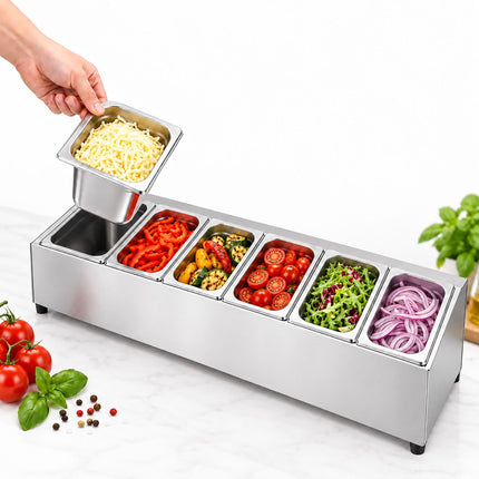 Ingredient Container Set with 6 GN 1/6 Bowls and Lids, Stainless Steel, Silver