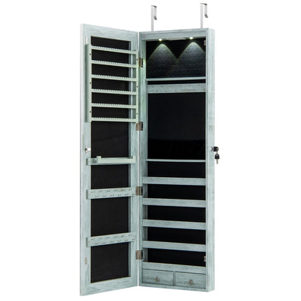 Jewelry Cabinet with LED, Mirror, Lockable, Vintage Blue