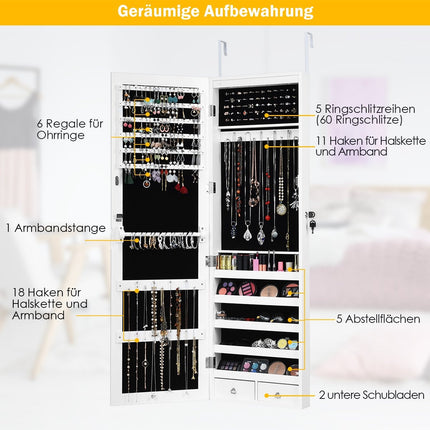 Papuošalų spintelė su 15 LED papuošalų lentynų, papuošalų organizatoriumi, 37 x 8,5 x 120 cm, balta