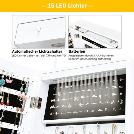 Papuošalų spintelė su 15 LED papuošalų lentynų, papuošalų organizatoriumi, 37 x 8,5 x 120 cm, balta