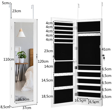 Papuošalų spintelė su 15 LED papuošalų lentynų, papuošalų organizatoriumi, 37 x 8,5 x 120 cm, balta