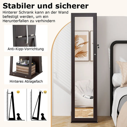 Jewelry cabinet with full-length mirror & integrated make-up mirror mirror cabinet dark coffee