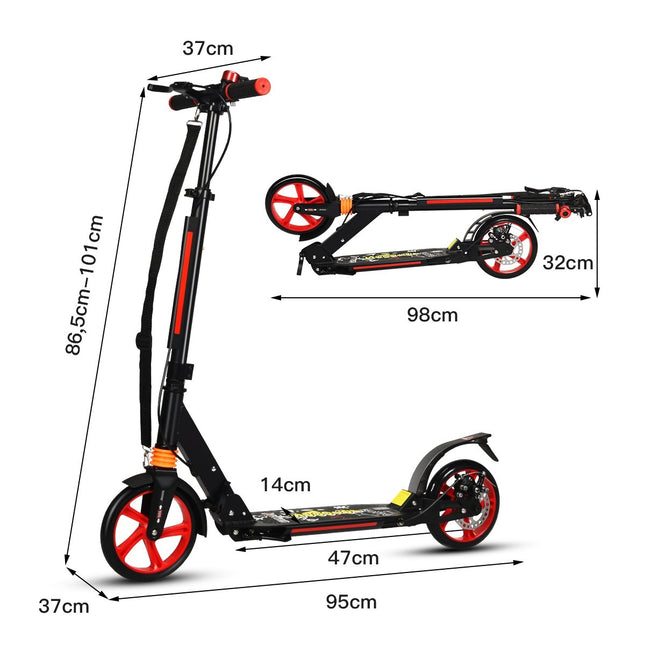 Miesto paspirtukas „Kickscooter“ su reguliuojamo aukščio paspirtuku ir nešiojimo dirželiu, juodas