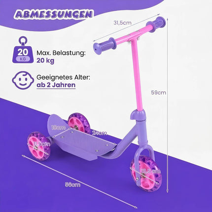 Vaikiškas triratis paspirtukas su LED ratukais, violetinis