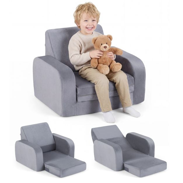 Vaikiška 3 viename transformuojama sofa-lova, aksominė, pilka