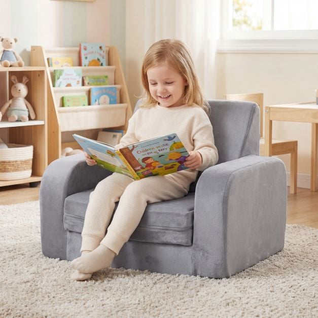 Vaikiška 3 viename transformuojama sofa-lova, aksominė, pilka
