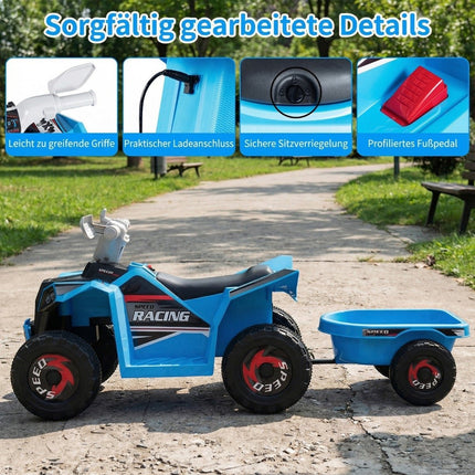 Vaikiškas 6 V elektrinis keturratis su priekaba, mėlynas, patvarūs ratai