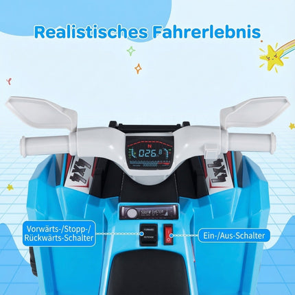 Vaikiškas 6 V elektrinis keturratis su priekaba, mėlynas, patvarūs ratai