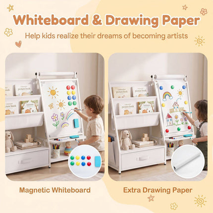 Kids Bookshelf with Art Easel and Magnetic Whiteboard, Toy Organizer, White