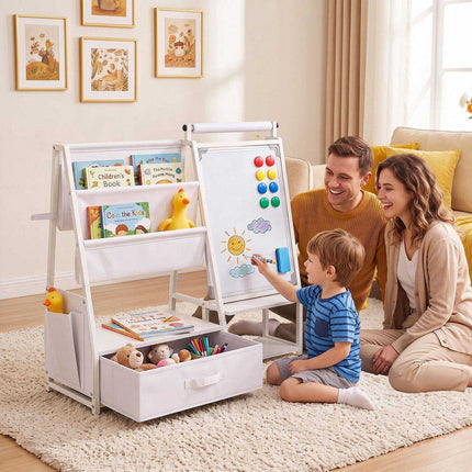 Kids Bookshelf with Art Easel and Magnetic Whiteboard, Toy Organizer, White