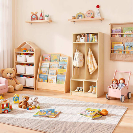 Kids Coat Locker, 2-Section Wooden Cubby, 4 Hooks 4 Cubbies