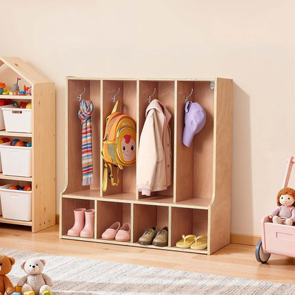 Kids Coat Locker, 4-Section Wooden Cubby with 8 Hooks