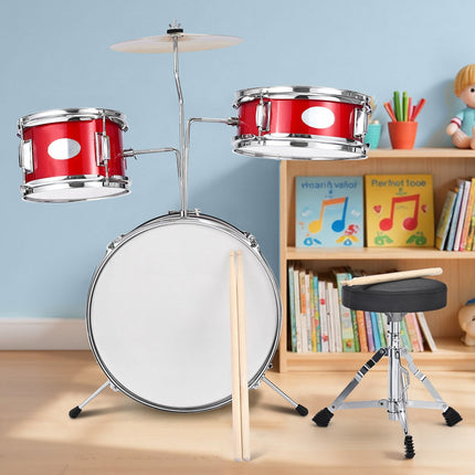 Kids Drum Set, 3-Piece 14-Inch, Throne, Drumsticks, Red