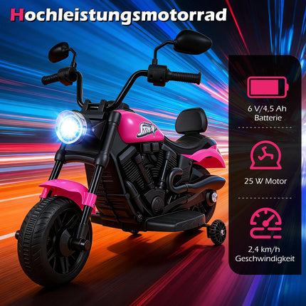 Vaikiškas elektrinis motociklas su muzika, priekiniais žibintais, treniruočių ratukais