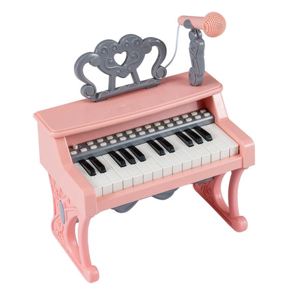 Vaikiškas elektrinis pianinas su klaviatūra, 25 klavišai, mikrofonas ir stovas, rožinis