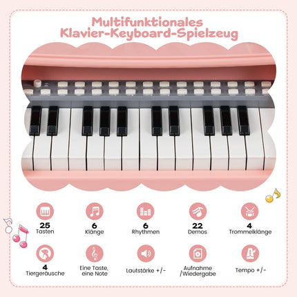 Vaikiškas elektrinis pianinas su klaviatūra, 25 klavišai, mikrofonas ir stovas, rožinis