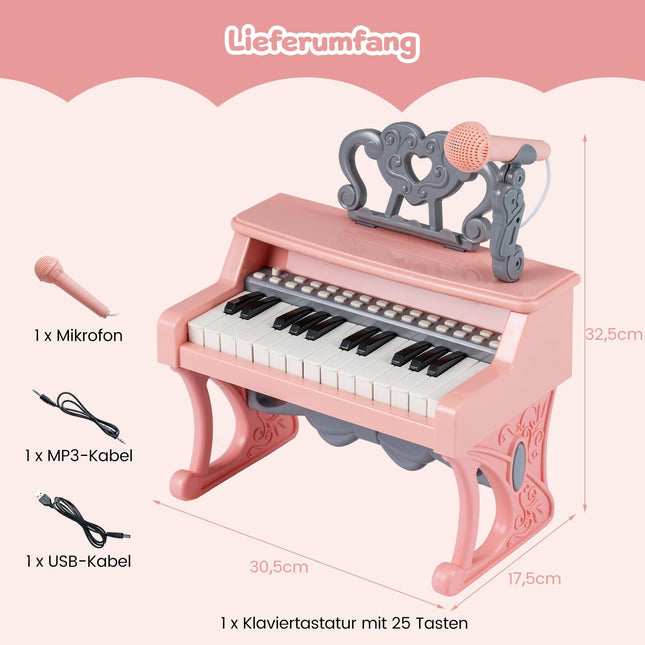 Vaikiškas elektrinis pianinas su klaviatūra, 25 klavišai, mikrofonas ir stovas, rožinis
