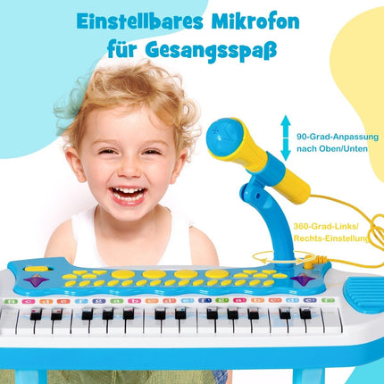 Vaikiška elektroninė klaviatūra su kėdute ir mikrofonu, 31 klavišas, mėlyna