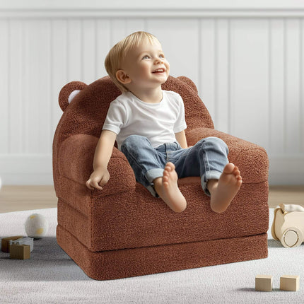 Kids Fold-Out Sofa Chair Bed, Washable Cover, Brown