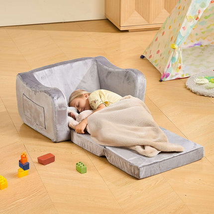 Kids Fold-Out Sofa, Convertible Toddler Chair Lounger, Gray