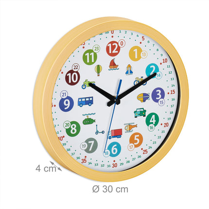 Vaikų edukacinis sieninis laikrodis - transporto priemonės, 12/24 val. formatu