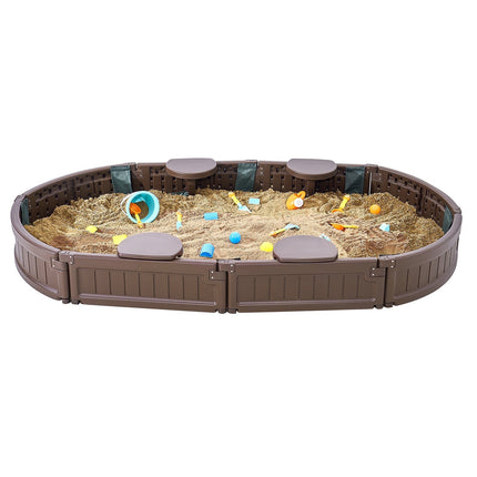 Kids Oval Sandbox With Cover, 4 Seats and Bottom Liner