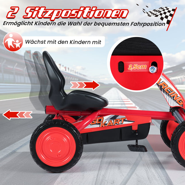 Vaikiškas pedalais minamas gokartas su reguliuojama sėdyne, raudonas, 3-8 metų amžiaus