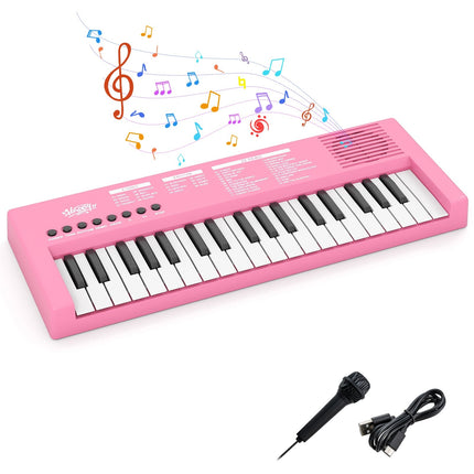 Vaikiškas rožinis klaviatūros pianinas, 37 klavišai, 8 ritmai, USB ir baterija
