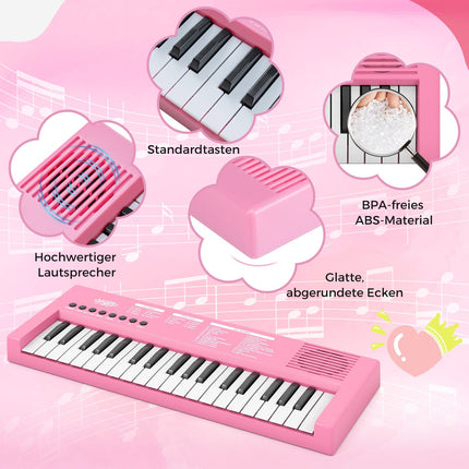 Vaikiškas rožinis klaviatūros pianinas, 37 klavišai, 8 ritmai, USB ir baterija