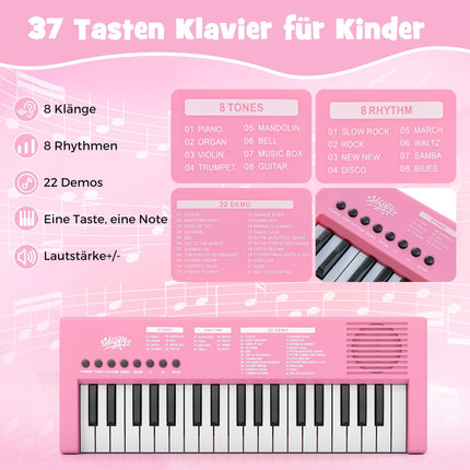 Vaikiškas rožinis klaviatūros pianinas, 37 klavišai, 8 ritmai, USB ir baterija