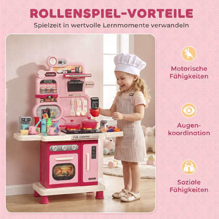 Kids Play Kitchen 33-Piece Set with Lights and Sounds, Water Sink, Oven, Pink