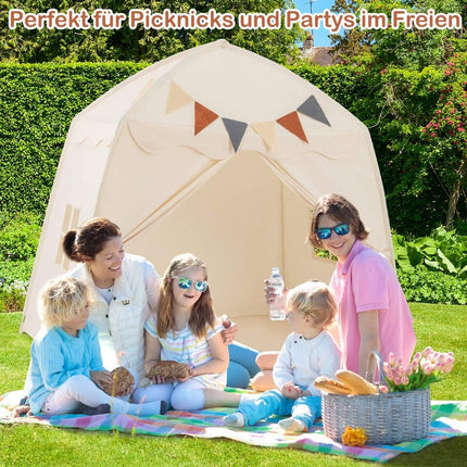 Kids Play Tent with Flags & Lights, Large Beige Playhouse