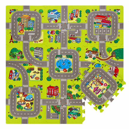 Vaikiškas dėlionės kilimėlis, automobilių raštas, 9 dalys, 90x90 cm