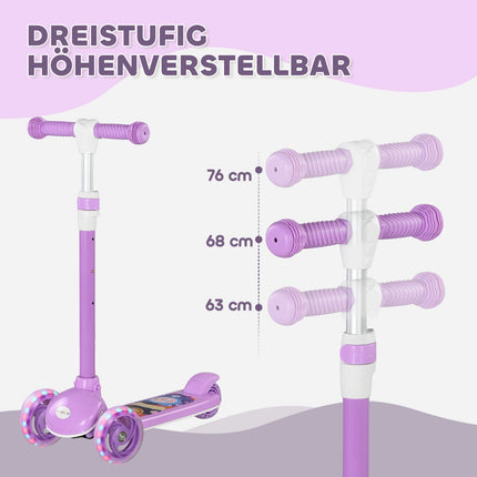 Vaikiškas paspirtukas su LED ratukais, reguliuojamo aukščio, violetinis