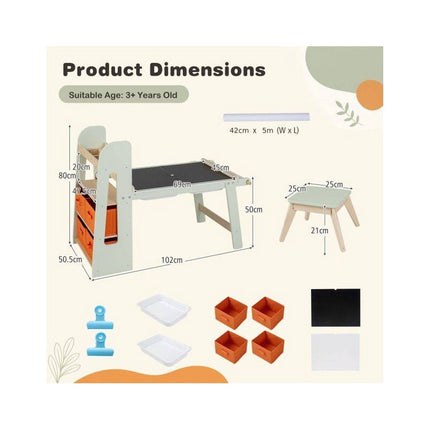 Kids Sensory Art Table with 2 Stools and Paper Roll, Green, 2 Activity Basins