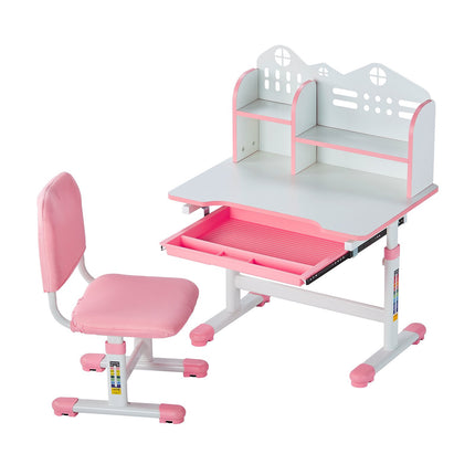 Kids Study Desk and Chair Set - Adjustable Height, Bookshelf, Pink