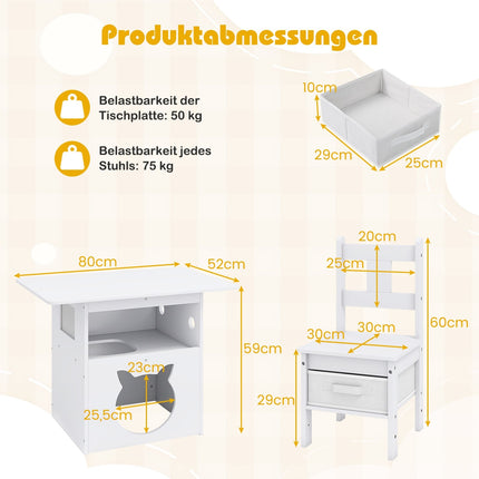 Vaikiško stalo komplektas su katės nameliu, 2 kėdėmis, daiktadėžėmis